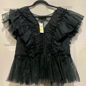 Geisha Designs Anthropologie Black Tulle Lace Ruffle V-Neck Peplum Blouse L NWT